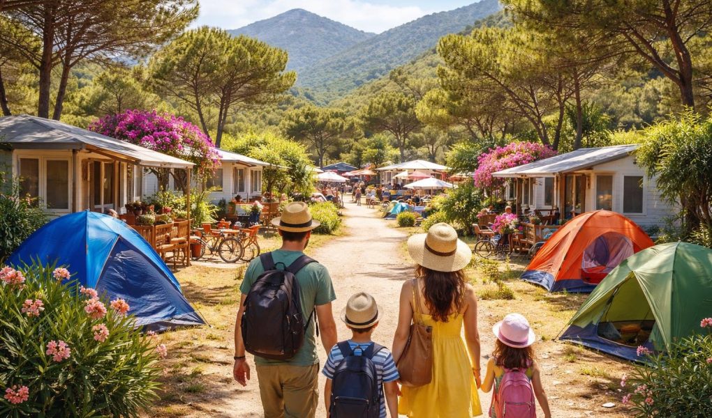 camping-tentes-famille-montagnes-ciel-bleu