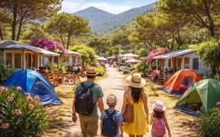 camping-tentes-famille-montagnes-ciel-bleu