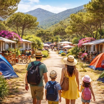 camping-tentes-famille-montagnes-ciel-bleu