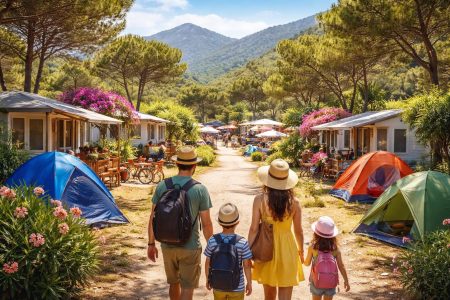 camping-tentes-famille-montagnes-ciel-bleu