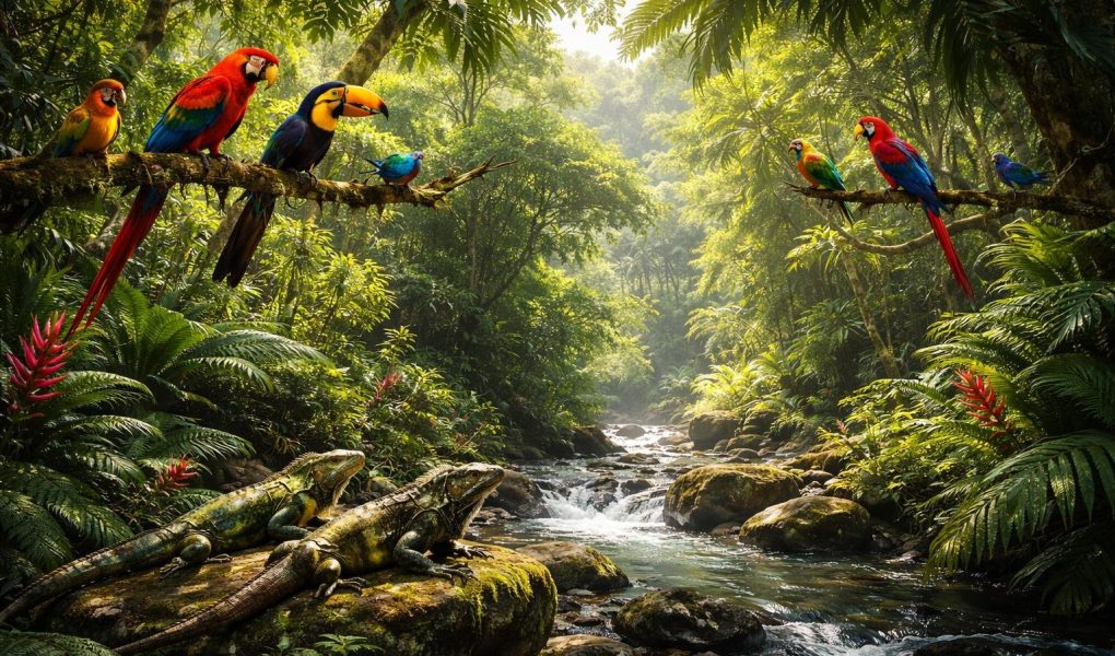 foret-tropicale-oiseaux-iguanes-rochers
