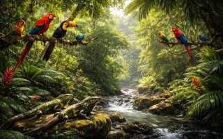 foret-tropicale-oiseaux-iguanes-rochers