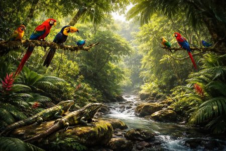 foret-tropicale-oiseaux-iguanes-rochers