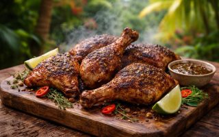 poulet-boucane-planche-bois-jardin-tropical