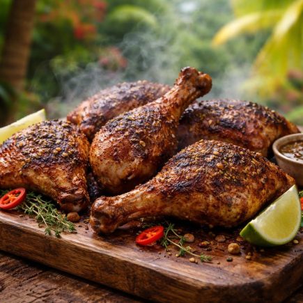 poulet-boucane-planche-bois-jardin-tropical