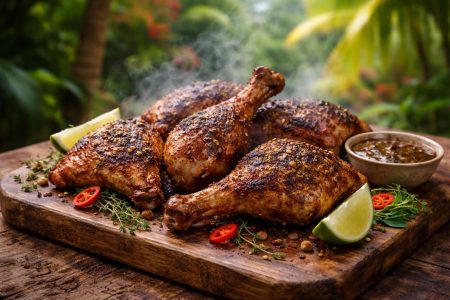 poulet-boucane-planche-bois-jardin-tropical