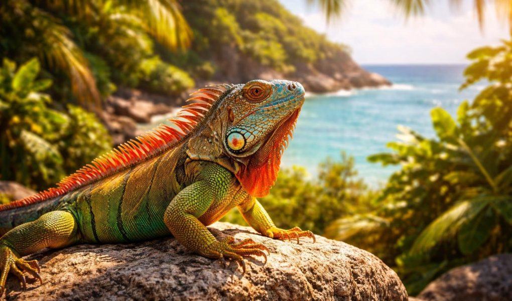iguane-colore-rocher-vegetation-tropicale