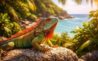 iguane-colore-rocher-vegetation-tropicale