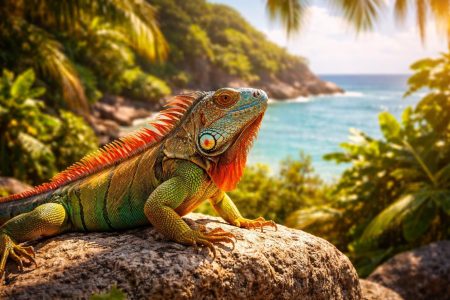 iguane-colore-rocher-vegetation-tropicale