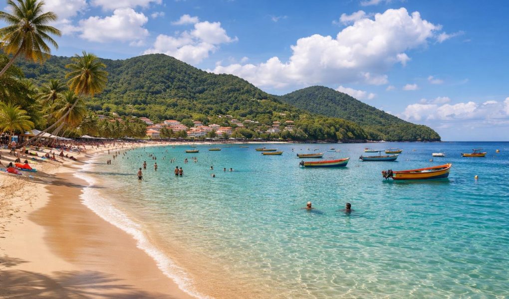 plage-eaux-turquoise-collines-bateaux