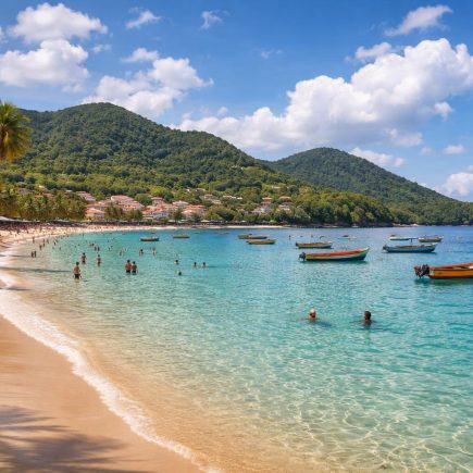 plage-eaux-turquoise-collines-bateaux