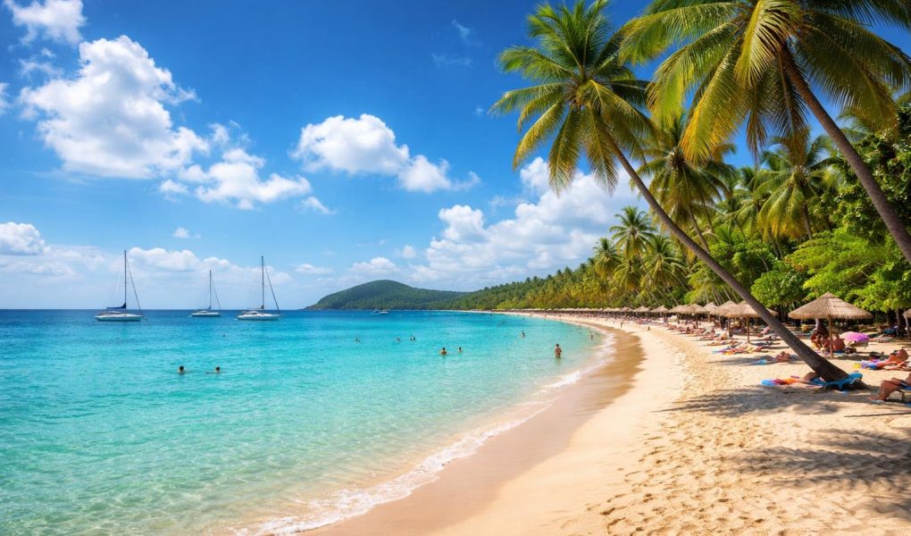 plage-sable-dore-palmiers-voiliers