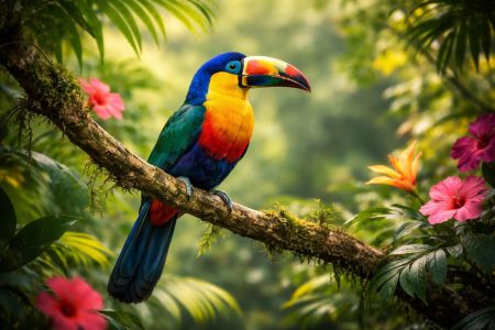 oiseau-exotique-branche-feuillage