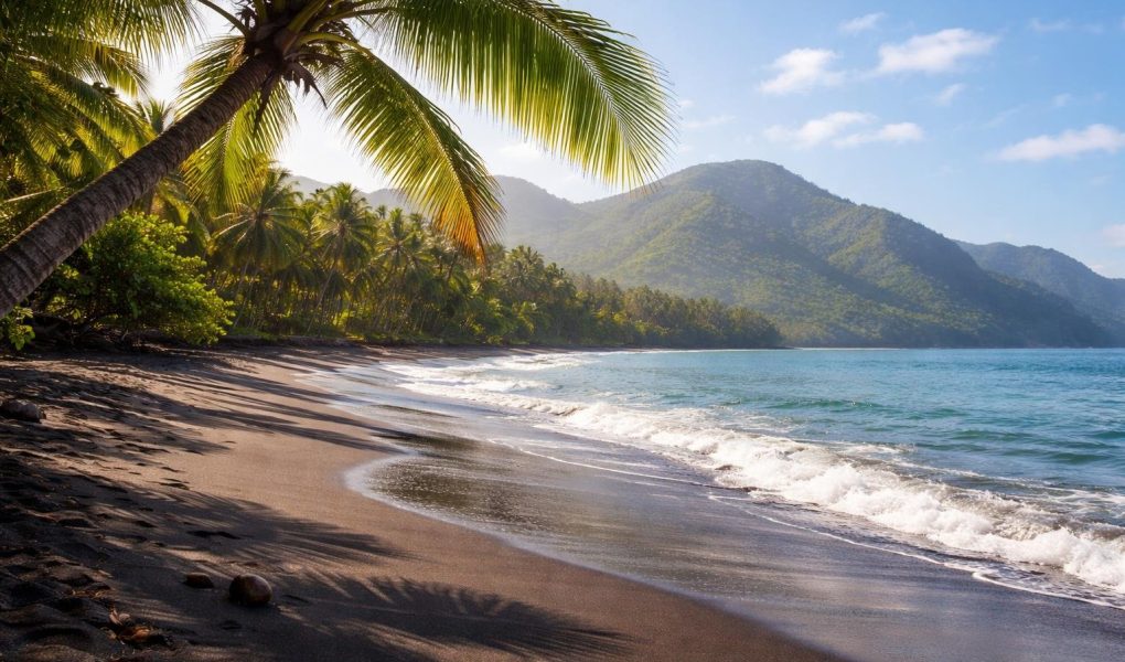 plage-sable-noir-palmier-montagnes