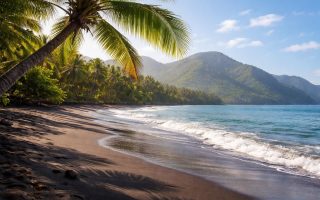 plage-sable-noir-palmier-montagnes