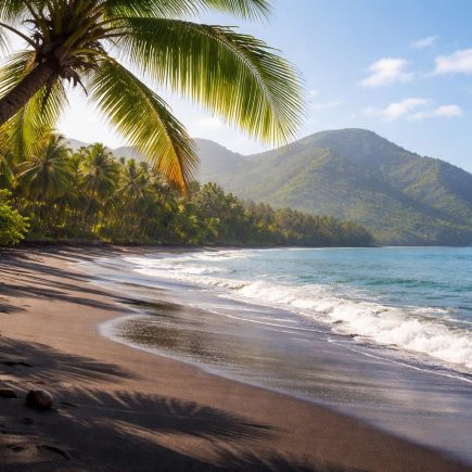 plage-sable-noir-palmier-montagnes