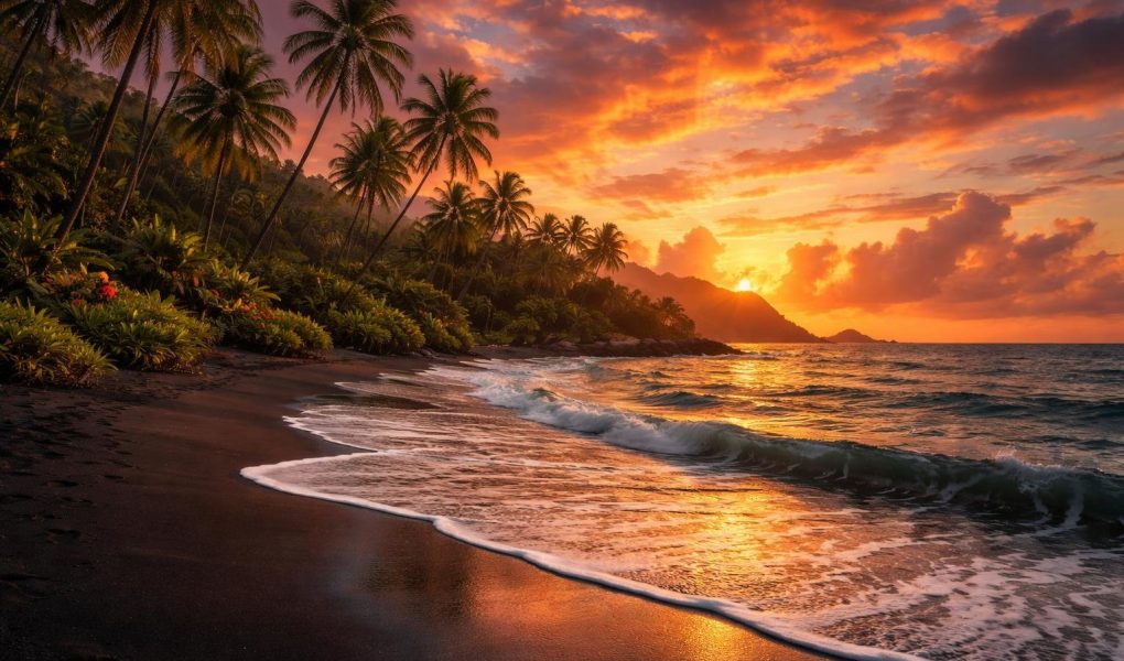 plage-sable-noir-cocotiers-coucher-soleil