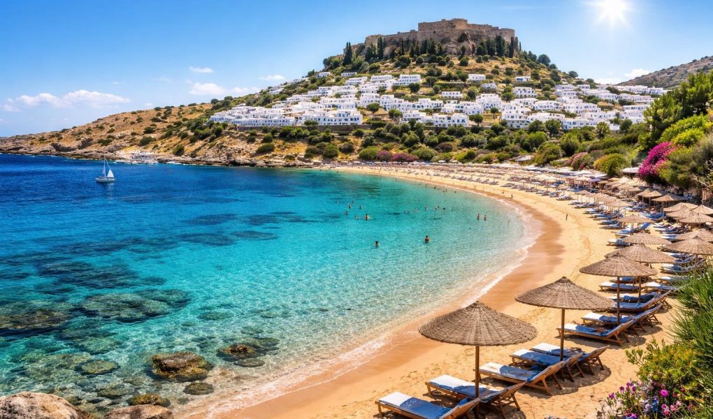 plage-rhodes-eaux-turquoise-maisons-blanches